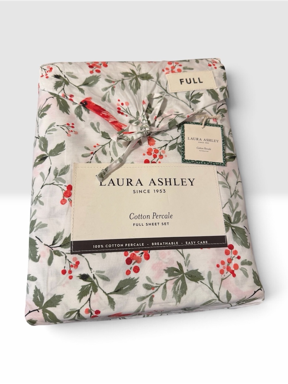 JOLLY CARDINALS Laura Ashley Floral Cotton Percale FULL Set White, Red, Green